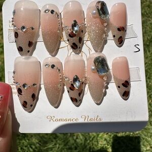 Tan and Gold Press-On Nails with Metallic Accents